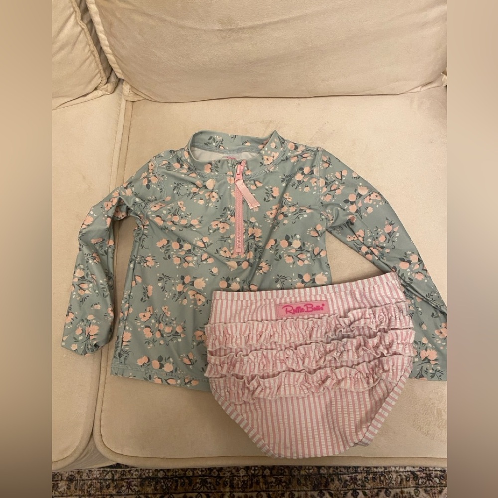 Ruffle Butts Green and Pink Rashguard Swim Set Floral Stripes 4T